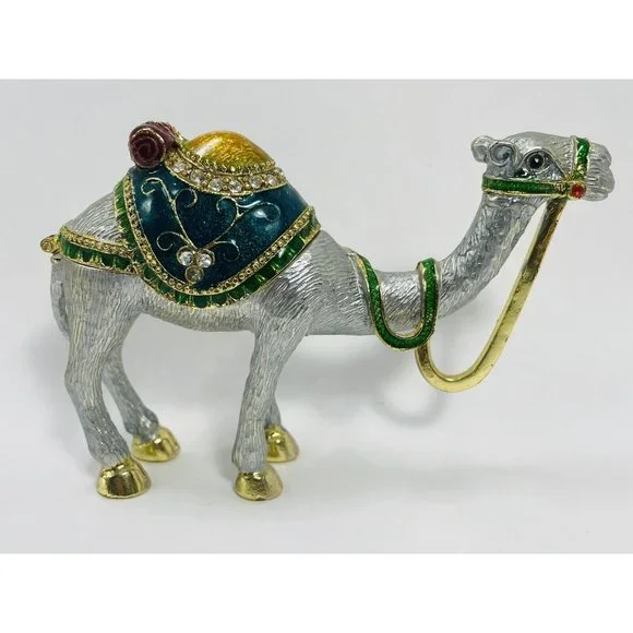 Crystal Bejeweled Camel Heavy Latching Trinket Box Silver Gold Emerald Colored - Picture 1 of 16